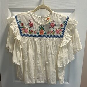 Farm Rio Embroidered White Eyelet Ruffle Top